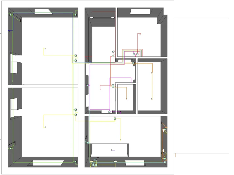 Проект проводки дома в SetchUp вид сверху, второй этаж в 3D
