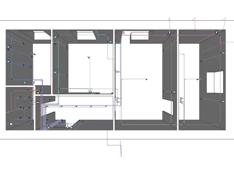 Проект электрики в SketchUp в трёхкомнатной квартире, план кабельный трасс в 3D