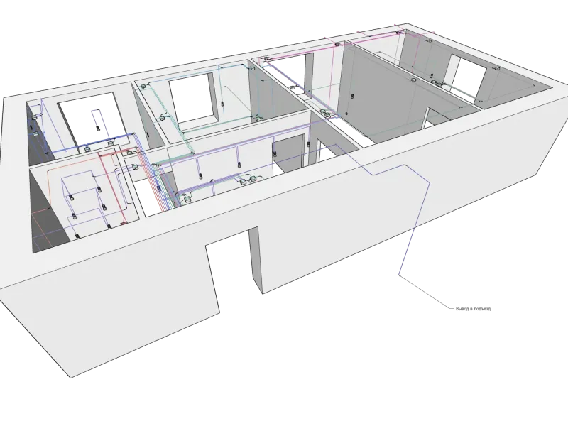 Проект электрики в SketchUp в трёхкомнатной квартире, план кабельный трасс в 3D вид сбоку